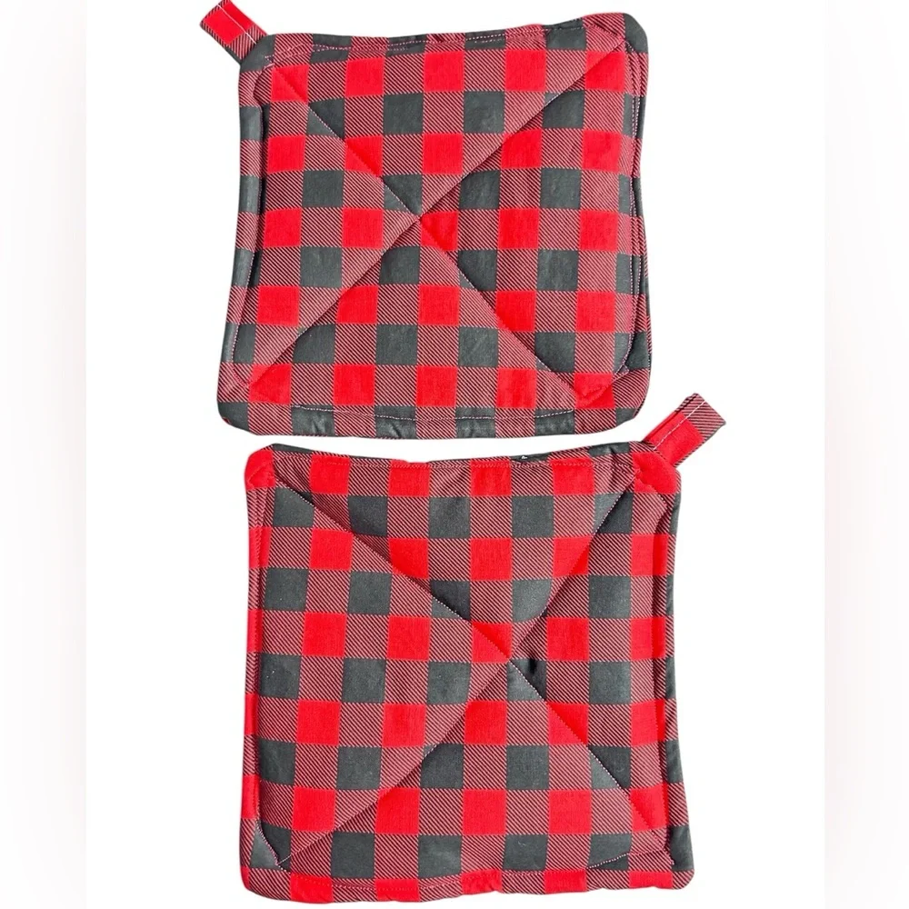 Hand Crafted Red and Black Buffalo Plaid Pot Holders Fabric Hot Mat Trivet